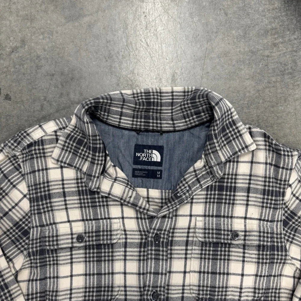 EUC The North Face Black White Gray Plaid Flannel Button Front Casual Shirt Sz L
